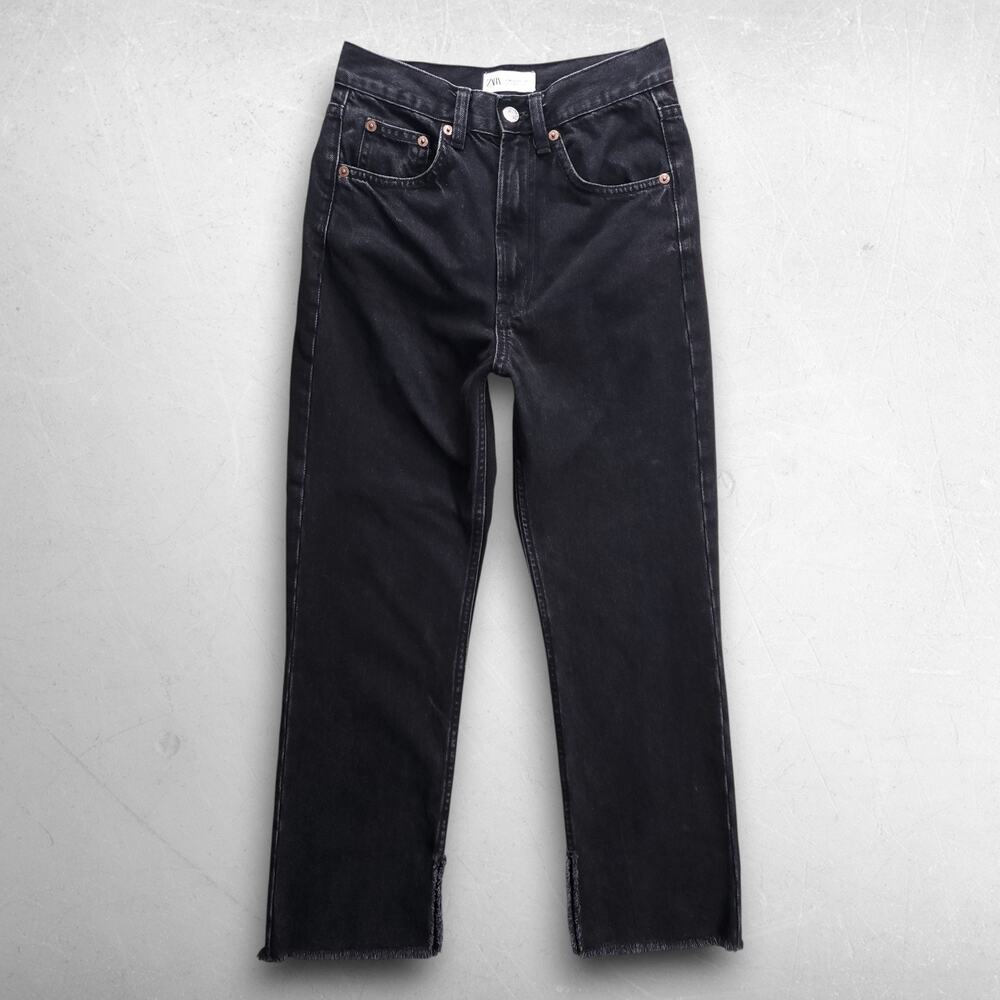 Zara‎ Straight Leg Crop Jeans Inside Leg Slits Frayed Hem Women 2 Black